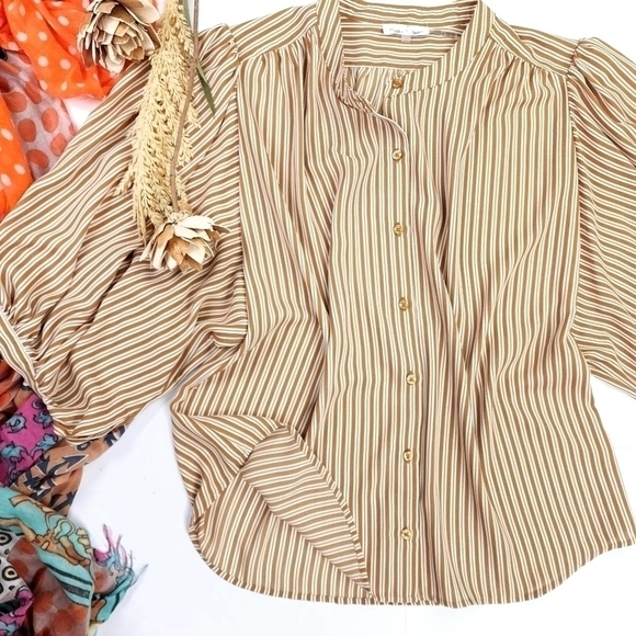 🔴 Calvin Klein Camel Tan Cream Striped Bubble Sleeve Top Sz M - Picture 2 of 11